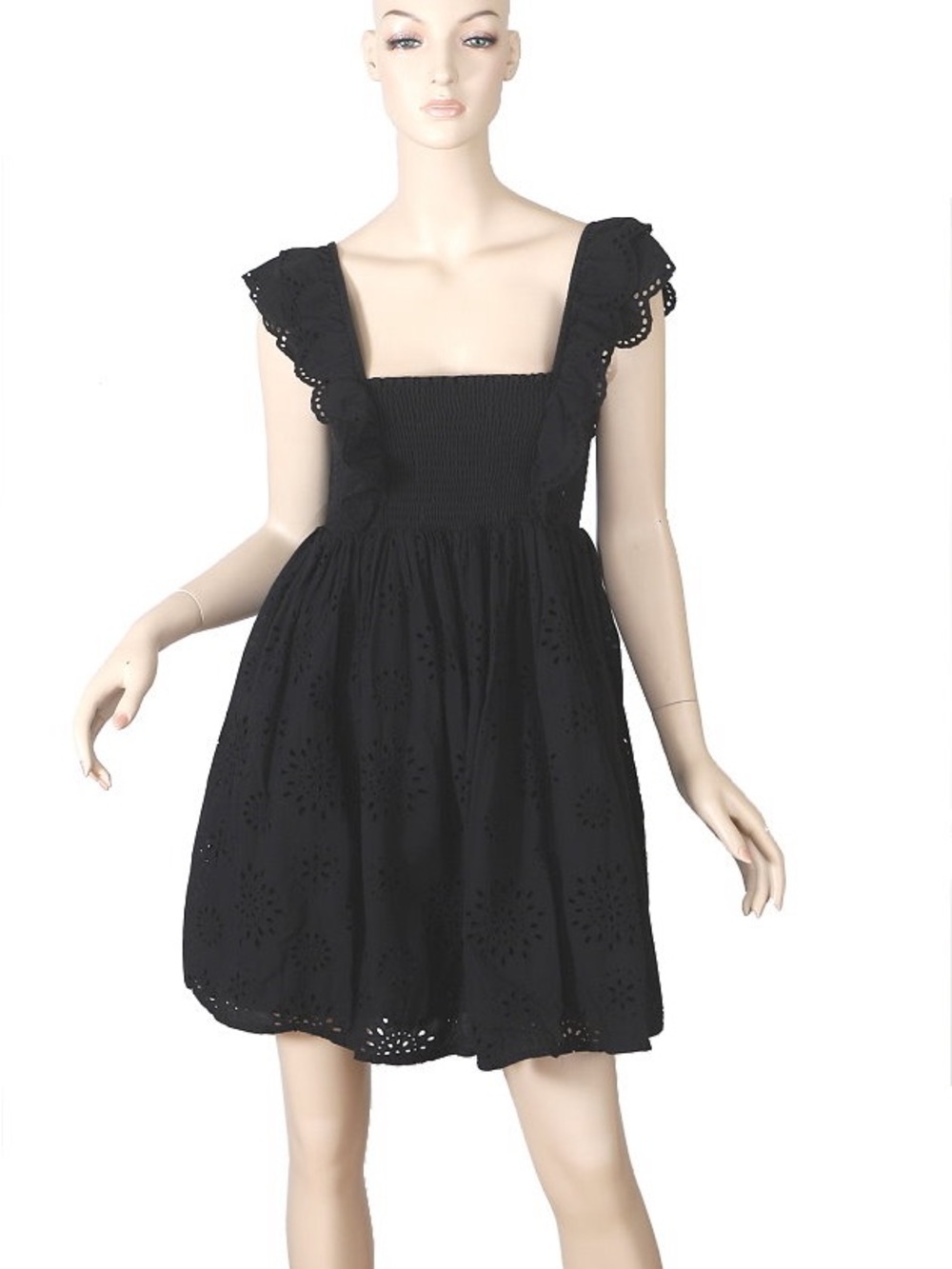Twin-Set Black Eyelet Smocked Mini Dress with Ruffle Straps Medium